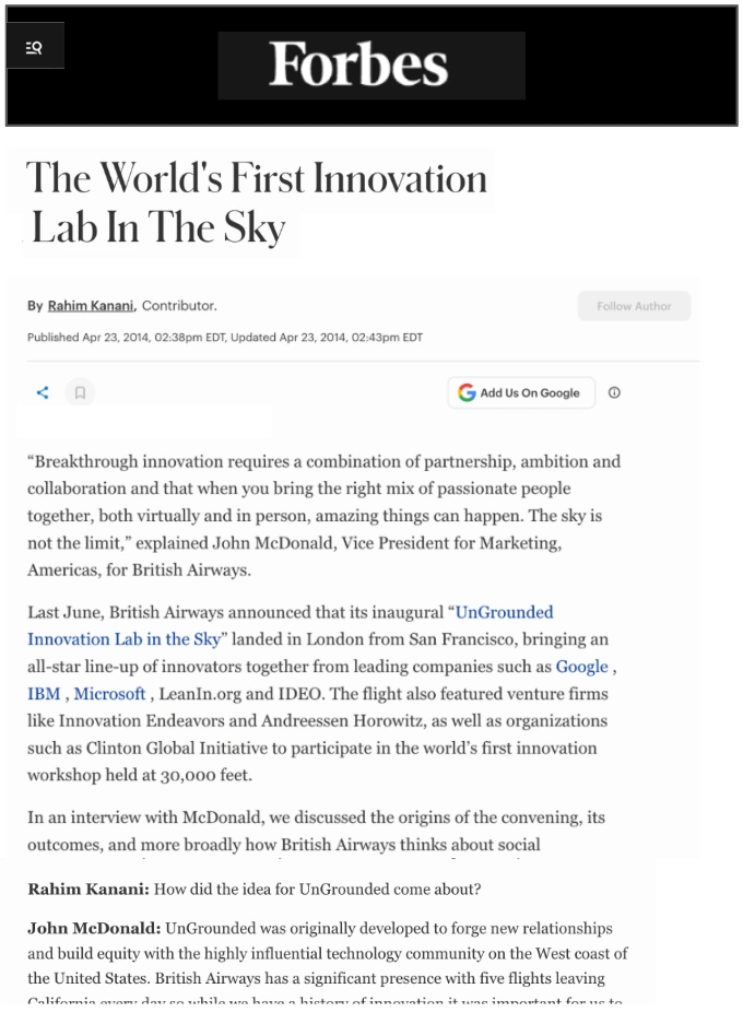 Forbes: The World's First Innovation Lab In The Sky