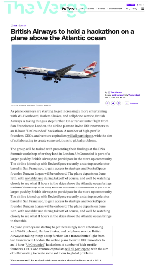 The Verge: British Airways to hold a hackathon on a plane above the Atlantic ocean
