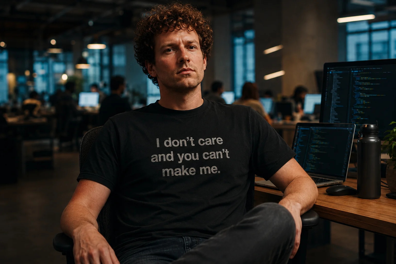 A figure in a black t-shirt that reads 'I don't care and you can't make me' seated in a coworking space.