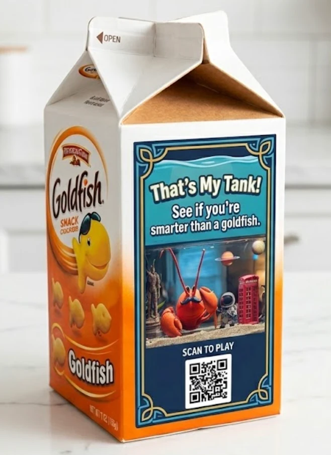 That&rsquo;s My Tank! on Goldfish cracker carton with QR code