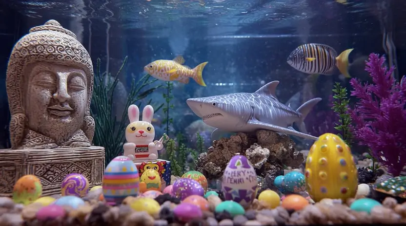 Easter seasonal tank &mdash; Easter eggs, bunny, Buddha, shark