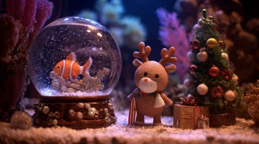 Holiday seasonal tank &mdash; snow globe, reindeer, Christmas tree