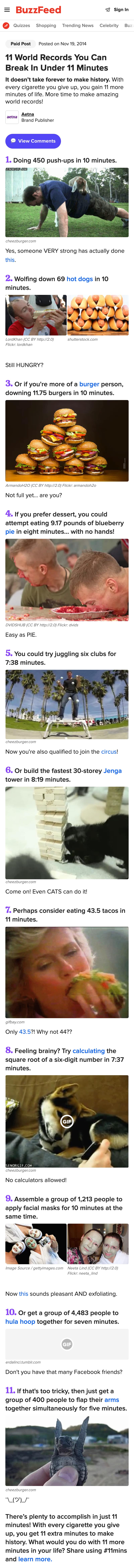BuzzFeed sponsored post by Aetna: 11 World Records You Can Break In Under 11 Minutes